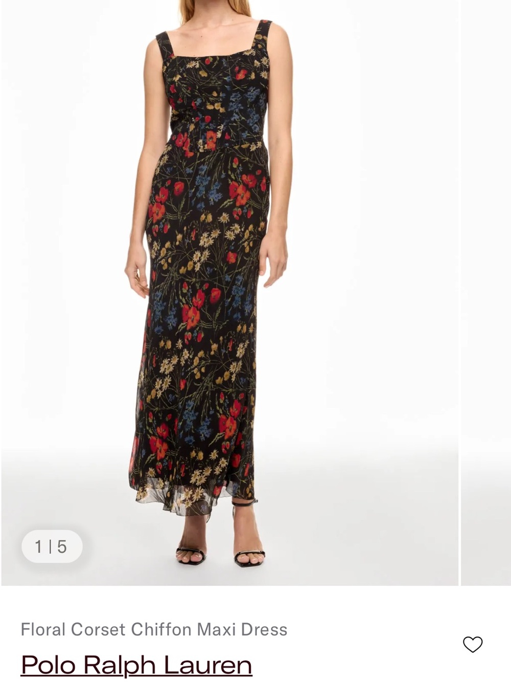 Polo by Ralph Lauren Black Floral Midi Dress with Red & Blue Blooms